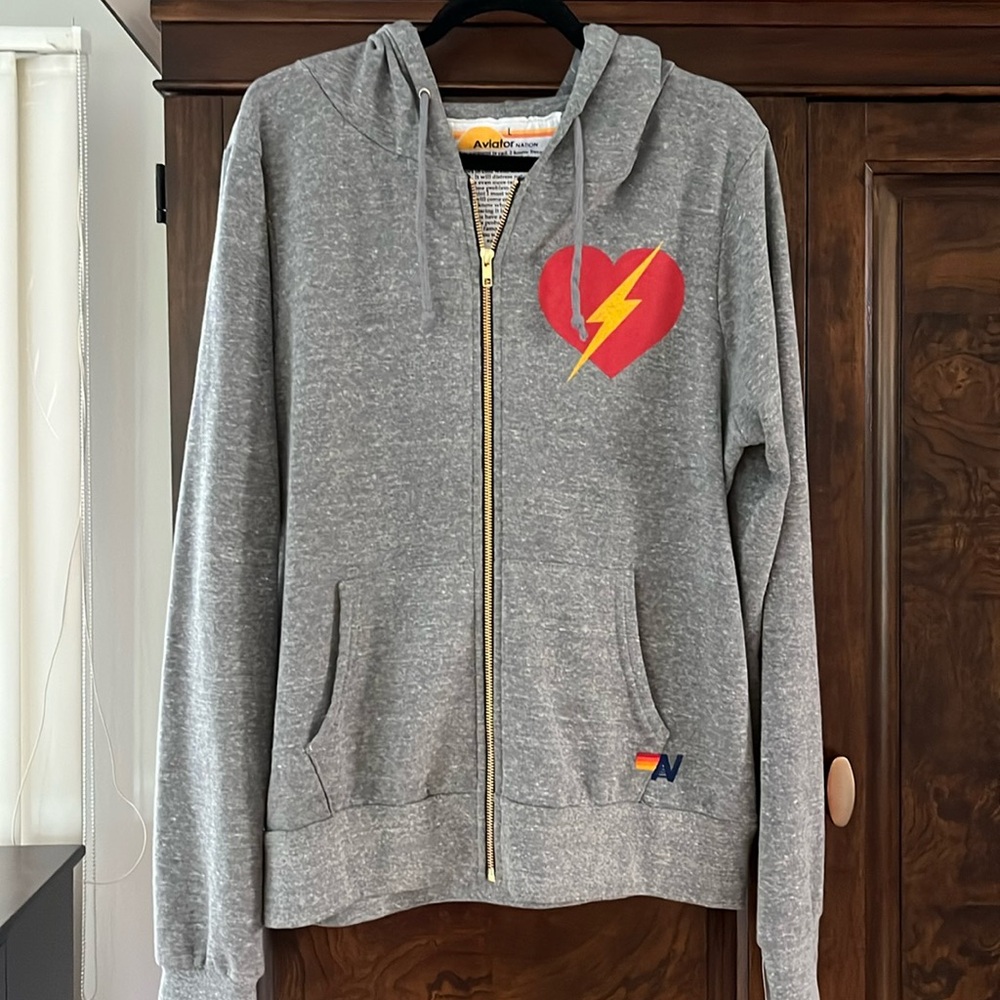 Aviator Nation Gray Zip-Up Hoodie with Red Heart and Yellow Lightning Bolt
